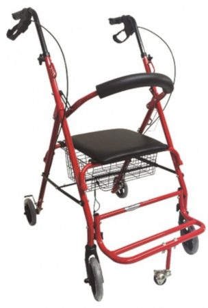 Két funkciós rollátor átállítható háttámasszal lábtartóval piros Mobiak